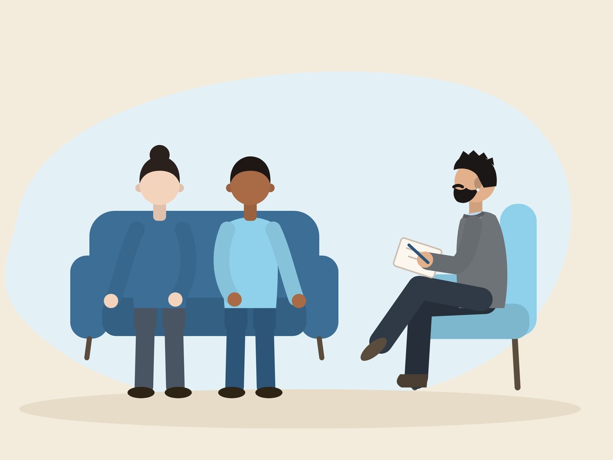 Illustration of a couple on a sofa talking with a counsellor